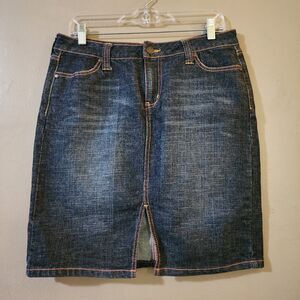 Apt 9 Womens Denim Pencil Skirt Size 12P Petite Indigo Slit Front Stretch